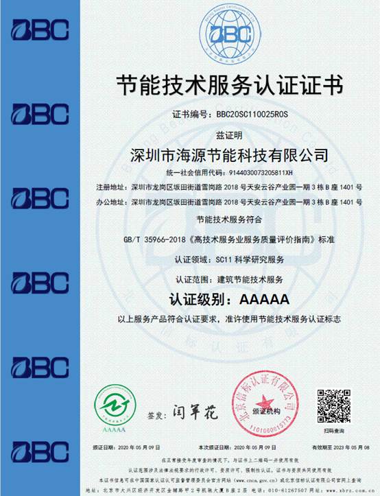 AAAAA级节能技术服务认证证书