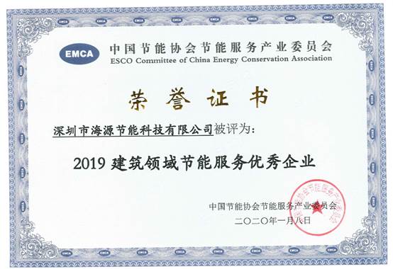 2019节能服务优秀企业荣誉证书